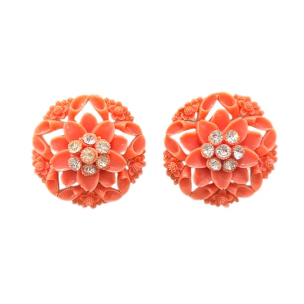 Vintage Earrings Clip On Coral Celluloid Flower Victorian MCM Vintage Jewelry - Picture 2 of 15